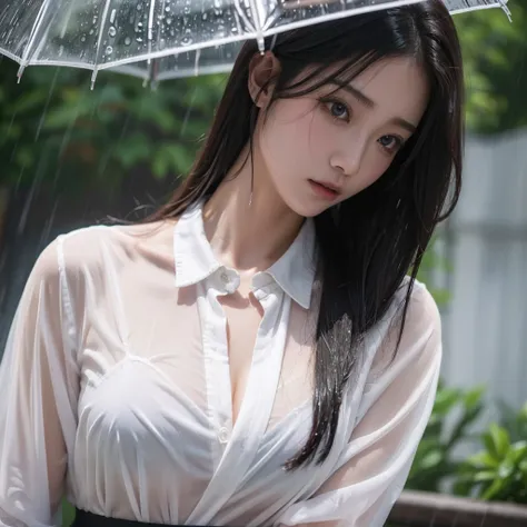 Hair getting wet in the rain、Transparent shirt、Beautiful woman getting wet in the rain、typhoon、Get wet without an umbrella、Beautiful woman in the rain、雨で濡れたBeautyOL、Detailed face、Realistic、beautiful girl、Beauty、Office Lady Uniform、beauty、Beautiful woman、Na...