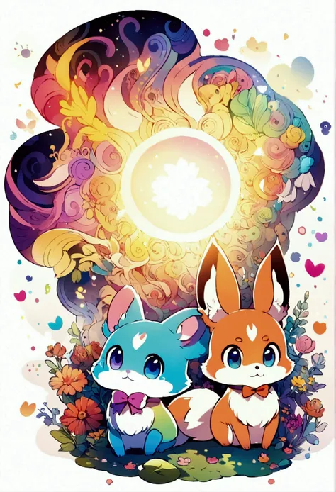 cute cartoon fox and rabbit,2d illustration, colorful, design, aesthetic, white background, outline.