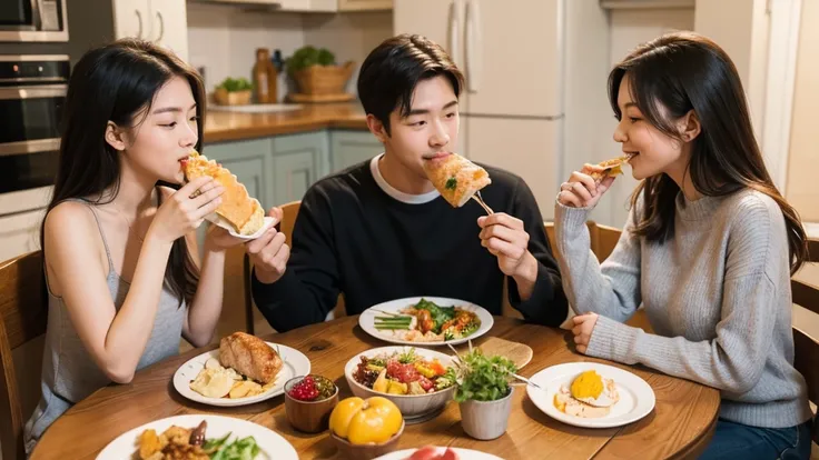 The whole family sits around the table and eats a delicious meal