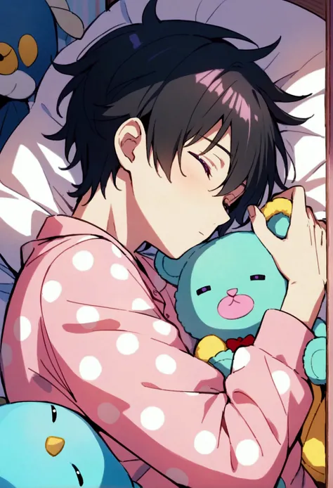 Anime boy with black hair and purple eyes sleeping with stuffed animals in pajamas in his bedroom 