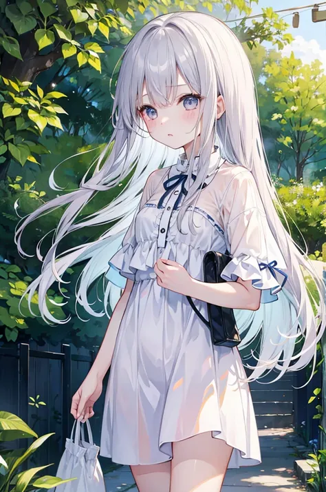 Girl、Long silver hair、Summer clothes、Embarrassed