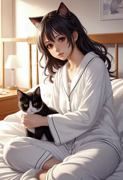 Anime girl in white pajamas gets out of bed with cat, , , artwork in the style of Gwaiz, Gwaiz on pixiv artstation, Gwaiz on artstation pixiv, Gwaiz, , Soft anime illustration, Cute girl anime visuals, Detailed digital anime art