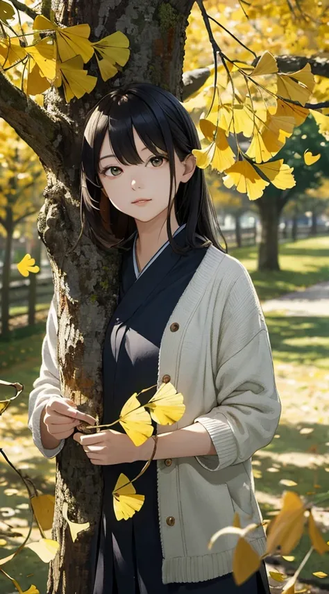 autumnal，beautiful  Girl（1girll：1.3），A high resolution，ultra - detailed，ginko，Ginkgo tree，komono，Noon time，And focus on the subtle details and atmosphere of the scene。