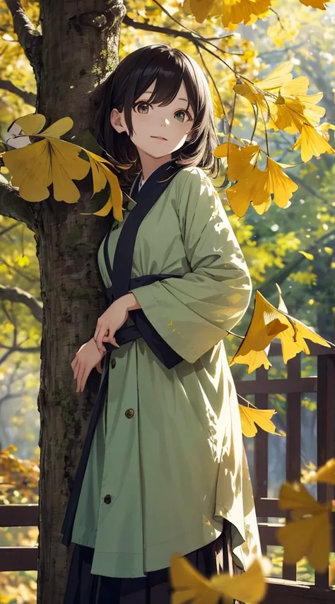 autumnal，beautiful  Girl（1girll：1.3），A high resolution，ultra - detailed，ginko，Ginkgo tree，komono，Noon time，And focus on the subtle details and atmosphere of the scene。