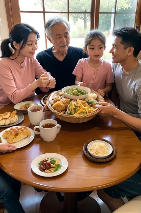 grandma,grandfather,mom,dad,The whole family, including children, sits around the table and enjoys a delicious meal