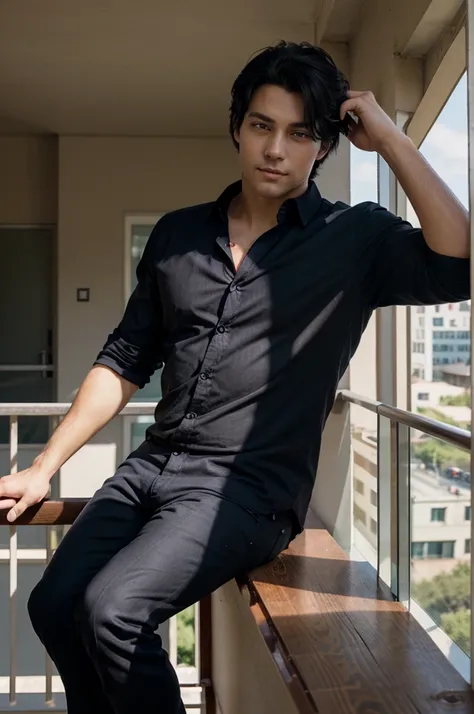 Handsome man.Lean.Black hair.Red eyes.Dark Blue Shirt.Black pants.Sitting Legs crossed..Fingers Interlocked.Location Balcony.Anime