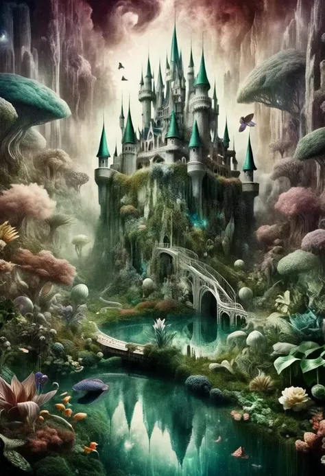 (Take me into a world different from my own, Plants flourish, animal, And magical tranquility),(Create a dreamlike and surreal castle landscape, Blending colors in unique ways，Create striking landscapes),(Merge your art with Technetic Dreams),
