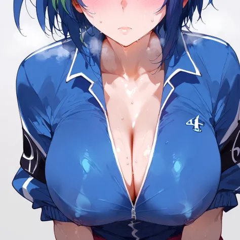 score_9, score_8_up, score_7_up, score_6_up, score_5_up, score_4_up, source_anime , 1girl, xenovia quarta, short hair, blue hair, , multicolored hair, green hair, two-tone hair, streaked hair, large breasts, collarbone, breasts focus, floox style,  jacket,...