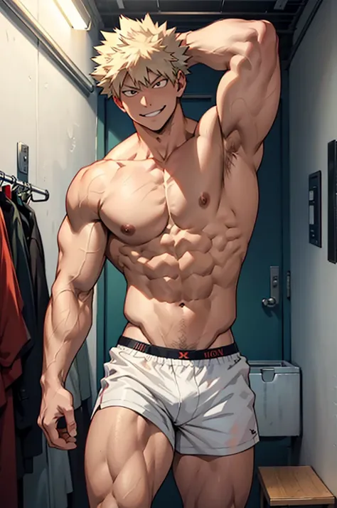 Katsuki Bakugo from Boku No Hero Academia, wearing white triangular underwear, smug smile, bodybuilder, defined body, shirtless, abs, big legs, sexy, stretching his body