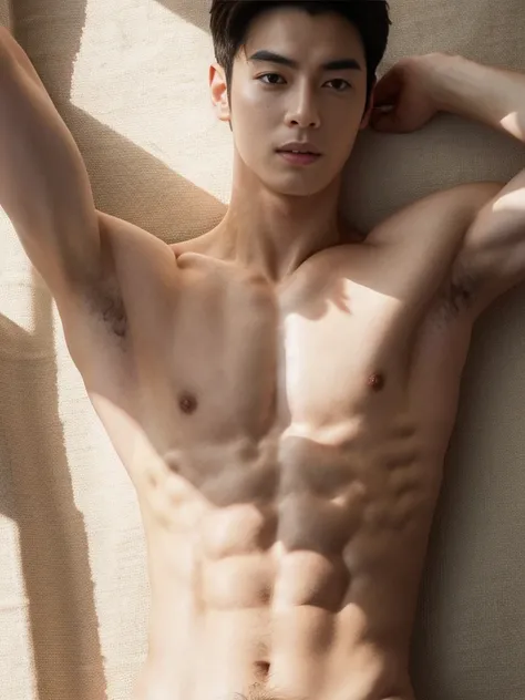 top quality, ultra high resolution, (photorealistic: 1.4), Cha eun woo, shirtless, showing armpit, dynamic angles, handsome, perfect face, perfect body, natural light, raw, detailed, best quality, 8k