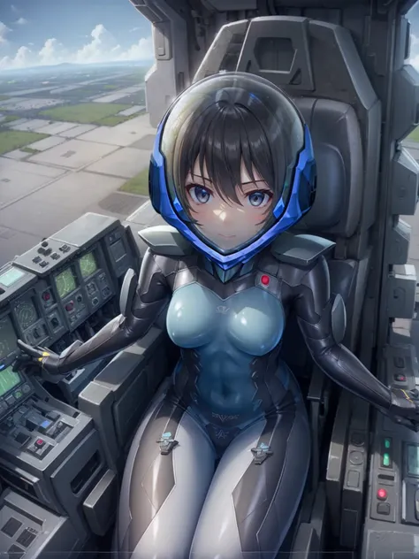  ((Female pilot in the cockpit of a reconnaissance plane), (airplane cockpit), (in flight), (10000 feet altitude)、(sky view):1.7),, short hair, street, emo, BLACK hair, white eyes, eyeliner, apocalypse, girl, nside the (cockpit:1.9) of a (futuristic spaces...