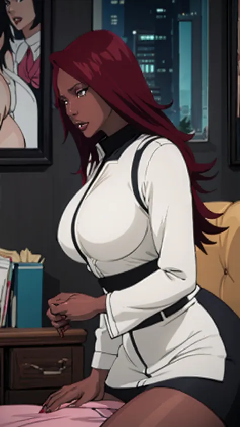 redhead black woman in a sexy secretary uniform(white shirt and black skirt ) having sex with raikage (black man) ,woman and man...