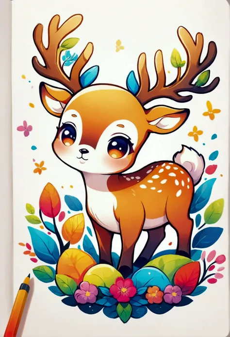 cute cartoon deer,2d illustration, colorful, design, aesthetic, white background, outline.
