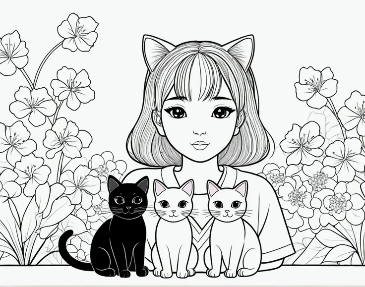 ,simple background, Japanese girl , kawaii, vibrant colors, A printable black and white coloring page featuring cats, clean line art, The line is quite simplified.