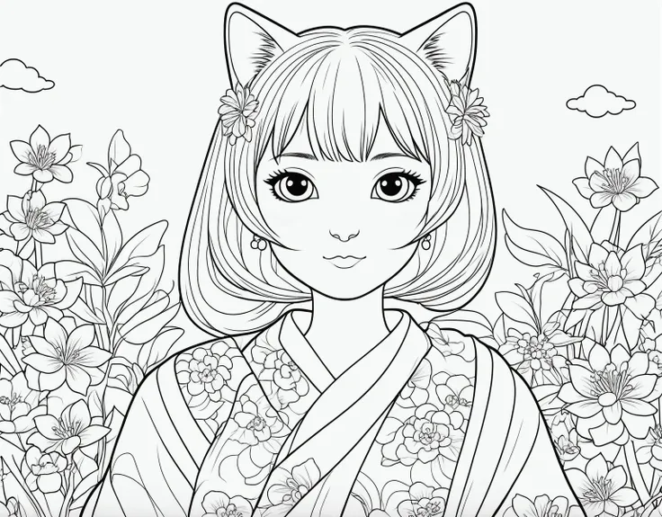 ,simple background, Japanese girl , kawaii, vibrant colors, A printable black and white coloring page featuring cats, clean line art, The line is quite simplified.