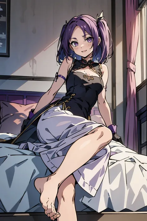 (masterpiece:1.2), (high quality:1.2), reo mikage, blue lock, girls with((1girl, solo, purple hair, (medium hair, right swept bangs, one side up:1.55), bare shoulder, blush, breasts, black sleeves, gloves, choker, cleavage, cowboy shot, collar, collarbone,...