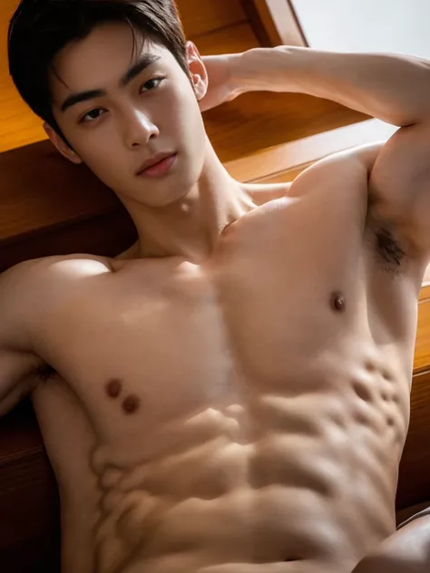 top quality, ultra high resolution, (photorealistic: 1.4), Cha eun woo, shirtless, showing armpit, dynamic angles, handsome, perfect face, perfect body, natural light, raw, detailed, best quality, 8k