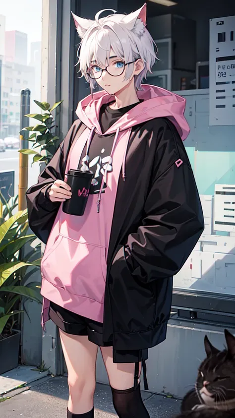 19 years old male, White Asian, Middle-parted textured hair black, Oversized pink hooded jumper with cute cat, Wearing black corduroy shorts, Oversized black round framed glasses, Slanted blue eyes.