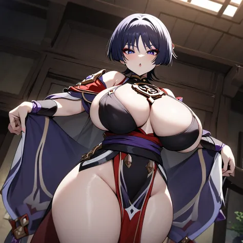 Scaramouche(genshin impact),1girl,solo,super huge breasts,looking at viewer,near,standing up,in room