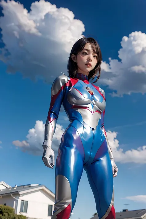 (((blue sky with cloud in background))), Ultraman、realistic、realistic、cinematic lighting, Girl in a shiny red and silver suit、18 years old、professional photo, Japanese model, Japanese cgi、Ultraman Suit、tight and thin cyber suit, Whole body rubbery delicate...