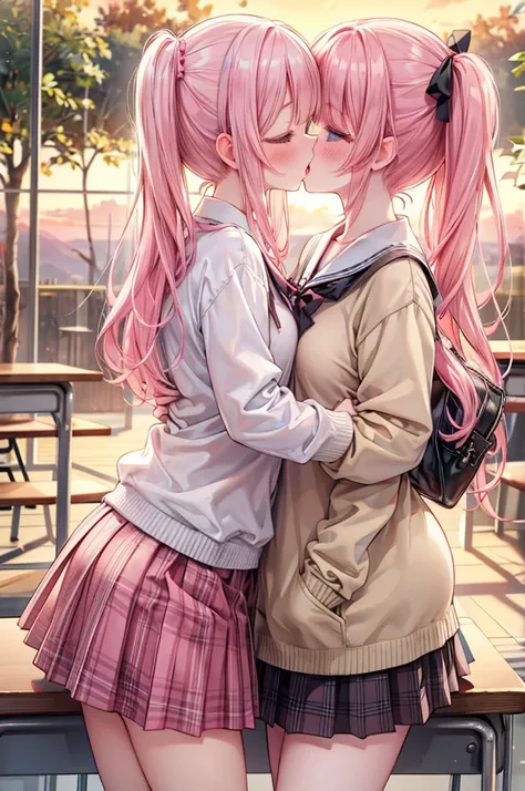 masterpiece, best quality, nsfw,
 2girl, kiss, 
 summer , plaid skirt, pink hair, ponytail, embarrassed face, 
 classroom, sunset,