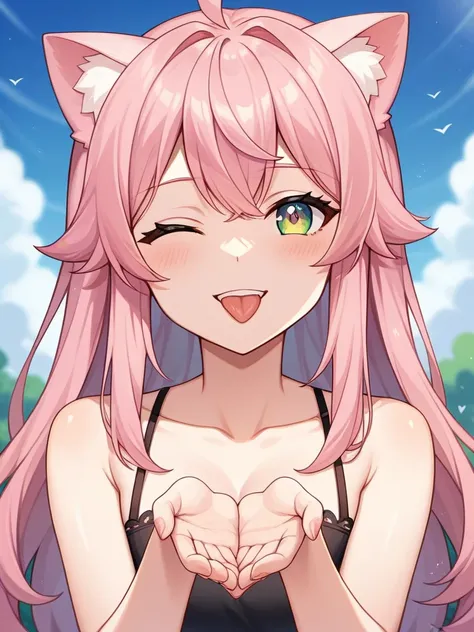 Adult, Female, long pink hair, winking, smiling, tongue out, vtuber, otaku bedroom, Masterpiece, Accurate, Anatomically Correct, Best Quality, High Details, Detail, Super Detailed, Best detail, Perfect detail, Amazing detail, [-3, 3], perfect hands, best h...