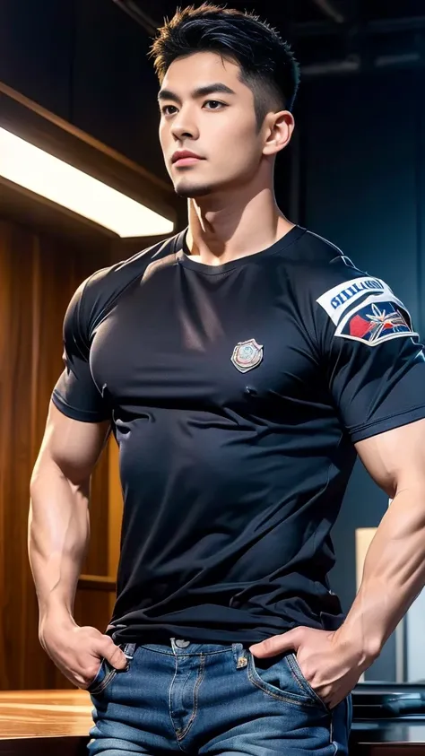 (Create a masterpiece:1.2),(CGI art:1.3),(realistic:1.5),(After processing:1.3),(Sharp focus:1.3),1 man ,(black hair) ,(Wear color navy round neck T-shirt), (with a Police badge:1.1),Navy blue jeans,Korean guy,korean men,(High gloss details),chest muscles,...