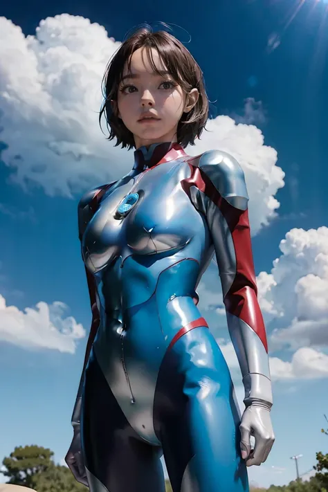 (((blue sky with cloud in background))), Ultraman、realistic、realistic、cinematic lighting, Girl in a shiny red and silver suit、18 years old、professional photo, Japanese model, Japanese cgi、Ultraman Suit、tight and thin cyber suit, Whole body rubbery delicate...