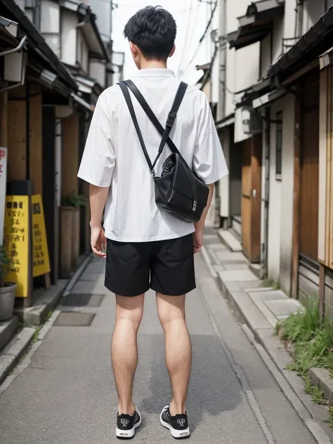 (super sharp focus), (Hairy legs), (((full body))), Japanese man, twenty years old, very short hair, Black Hair, Wearing shorts, from behind