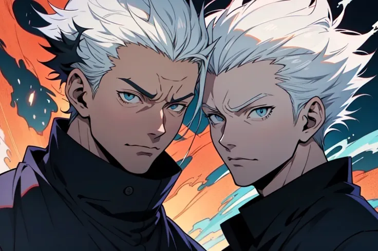 1man, gojo Satoru, anime style, dark blue clothes, sky blue shiny eyes, white hairs, jujutsu kaisen, epic background, 8K resolution, extremely detailed, best quality, masterpiece collection, Japanese anime, Gege Akutami, jujutsu kaisen