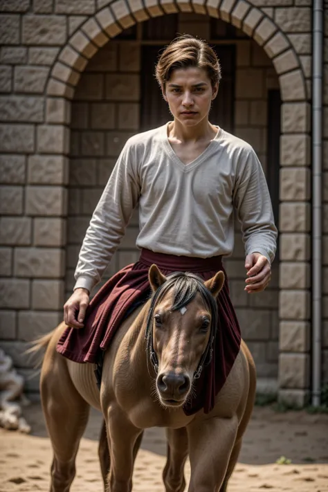 A cute young male twink, 18 years old, with makeup and black hair, wearing a medieval shirt with ties, a v-neck, and long sleeves, the color aquamarine, and white medieval pants. He is on the battlefield, riding on a horse, as if the horse is galloping.  H...