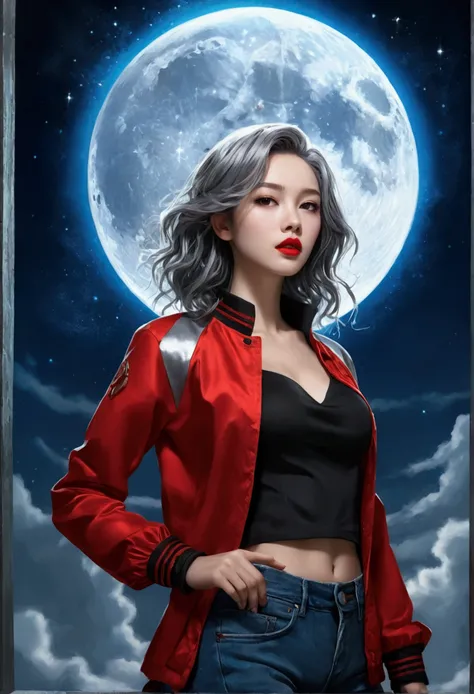 (Sci-Fi Fantasy), (masterpiece), (Professional Oil Painting) (Highest quality), (8k resolution), (1 beautiful girl), ((Pale grey skin)), (Iron grey skin), ((Jeans Clothes)),(Red jacket)), ((Black t-shirt underneath), ((Red lipstick)), ((Black sneakers)), (...