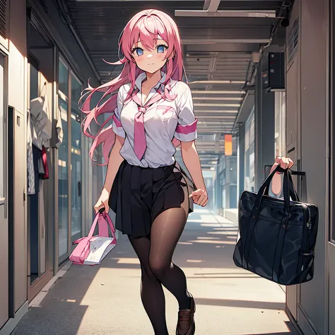 The girl has pink hair and school clothes Walk 