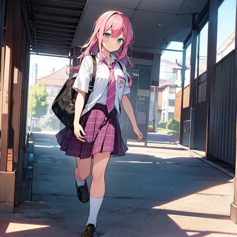 The girl has pink hair and school clothes Walk 