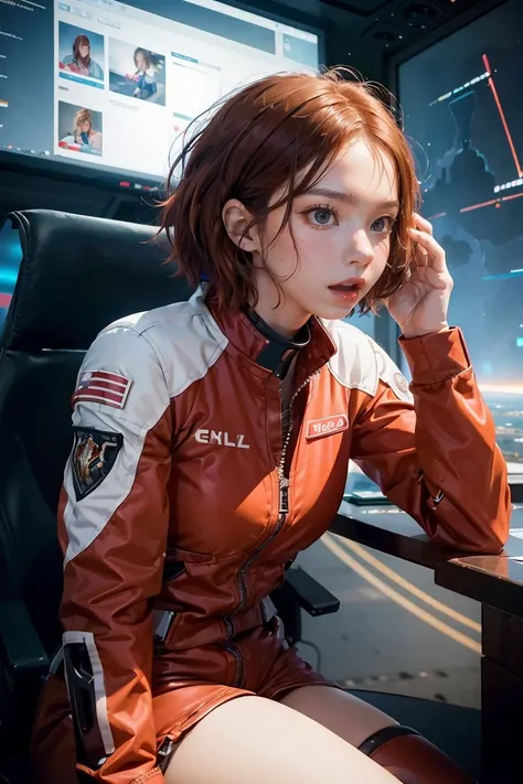 Absurd resolution, high resolution, (masterpiece: 1.4), hyper-detail, 1 young woman, short red hair, pilot suit, rich princess, sitting in an extremely narrow closed mecha control room, expression scared crying open mouth call (1.3), in the sky