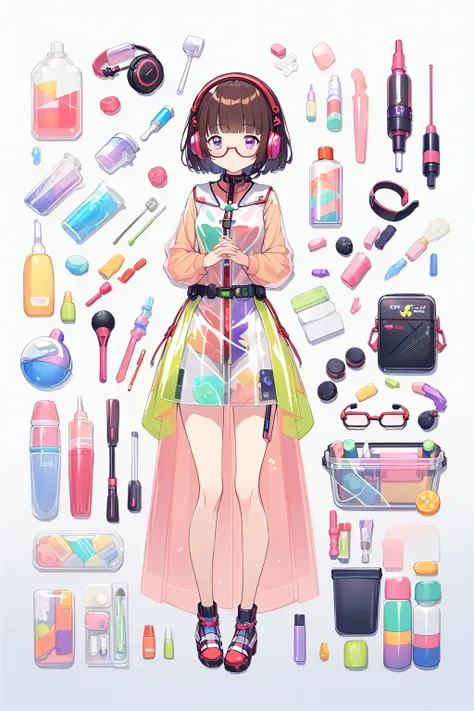 (extremely detailed fine touch:1.3), (((semi-rimless eyewear:1.3))), (headphone:1.2), short hair, blunt bangs, 1 girl, shirt, full body, own hands together, regular arrangement plastic, Transparent clothes,