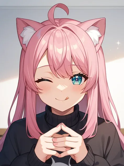 Adult, Female, long pink hair, winking, smiling, tongue out, vtuber, otaku bedroom, Masterpiece, Accurate, Anatomically Correct, Best Quality, High Details, Detail, Super Detailed, Best detail, Perfect detail, Amazing detail, [-3, 3], perfect hands, best h...