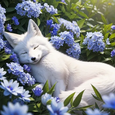 sleeping white fox in blue flowers