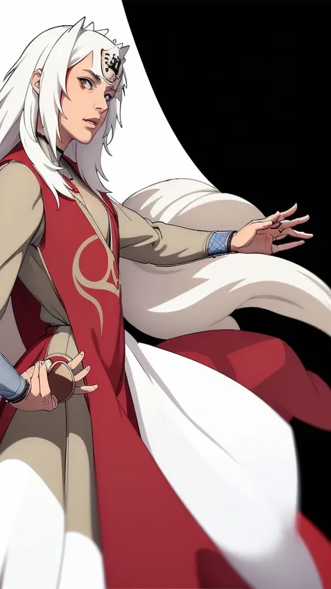 (（（Perfect body,White and tender skin,（（（Wearing a red coat with brown clothes inside, wooden clogs on feet, ninja protective gear on both hands, and a large scroll hanging behind them）））,（（（Jiraiya，Wearing forehead protectors, long white hair, and red mar...