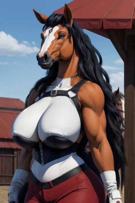 Big-breasted woman with a horse&#39;s head、leather armor、Steel Legginguscular Woman、Carrying a sword