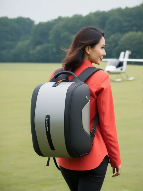 personal backpack-type aircraft, mini gyrocopter backpack behind a woman&#39;s shoulders,  from the backpack there is an axis wi...