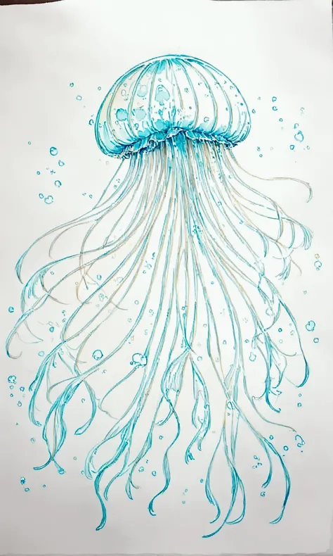 watercolor,light blue and pink,anthropomorphic jellyfish drawn in white,(((line art in glowing white neon)))