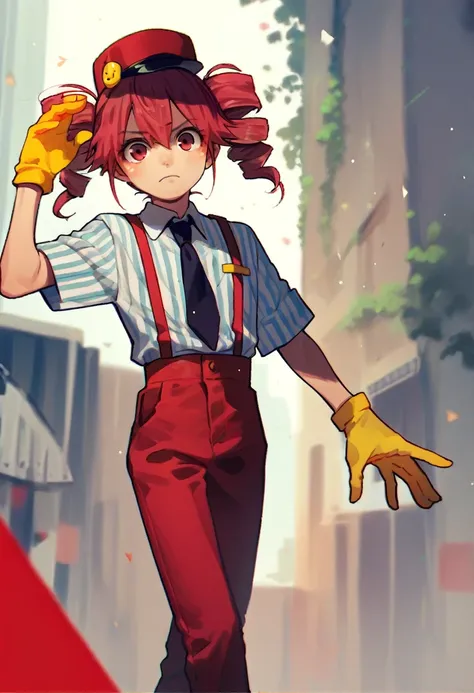 tetomesmerizer, kasane teto, striped shirt, yellow gloves, black necktie, suspenders, red pants, hat