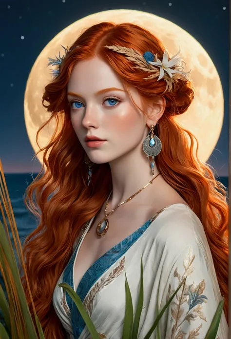 a boho volumpus woman with fiery ginger hair and captivating blue eyes, standing amidst rustling sea grass under the crescent moonssoft glow. She adorns elegant long earrings, exuding a serene yet enchanting presence. This mesmerizing image, with its vibra...