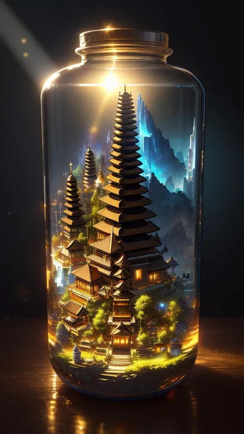 (A complex mini-town landscape in Bali trapped inside a bottle), Atmospheric Oliva lighting, On the table, 4k hdd, Dark atmosphere, Super detailed, Vibrant colors, gold、A magnificent composition, Octane Rendering, Sharp focus, High Resolution Isometric