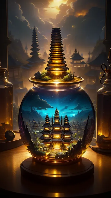 (A complex mini-town landscape in Bali trapped inside a bottle), Atmospheric Oliva lighting, On the table, 4k hdd, Dark atmosphere, Super detailed, Vibrant colors, gold、A magnificent composition, Octane Rendering, Sharp focus, High Resolution Isometric