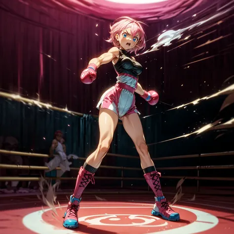 1girl, big muscle, full body version, 1character, blue eyes, short haircut, pink color hair, boxing style outfit, boots, grassro...