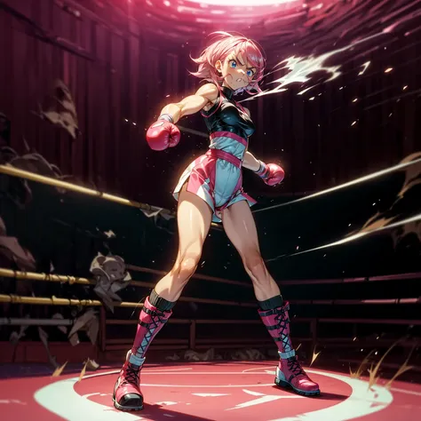 1girl, big muscle, full body version, 1character, blue eyes, short haircut, pink color hair, boxing style outfit, boots, grassro...