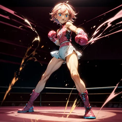 1girl, big muscle, full body version, 1character, blue eyes, short haircut, pink color hair, boxing style outfit, boots, grassro...