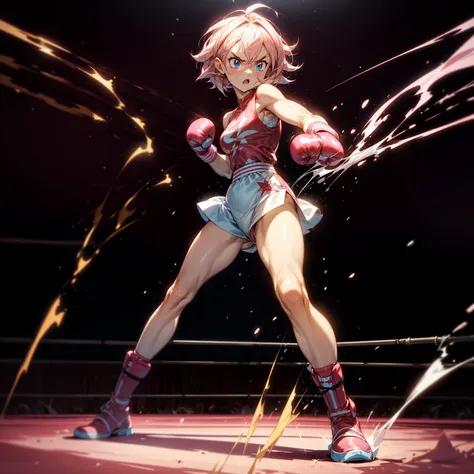 1girl, big muscle, full body version, 1character, blue eyes, short haircut, pink color hair, boxing style outfit, boots, grassro...